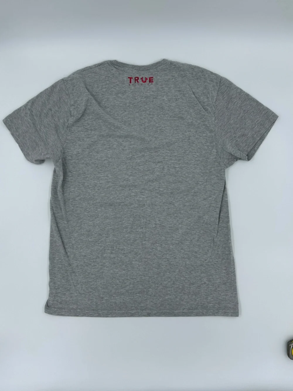 True Religion Men's Heather Gray Crew Tee with Red Horseshoe Accent. XL